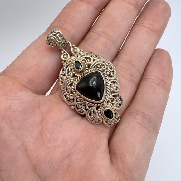 VTG Sterling Silver 925 Black Onyx Bezel Set Scroll Pendant Size 2" Length - Picture 4 of 9